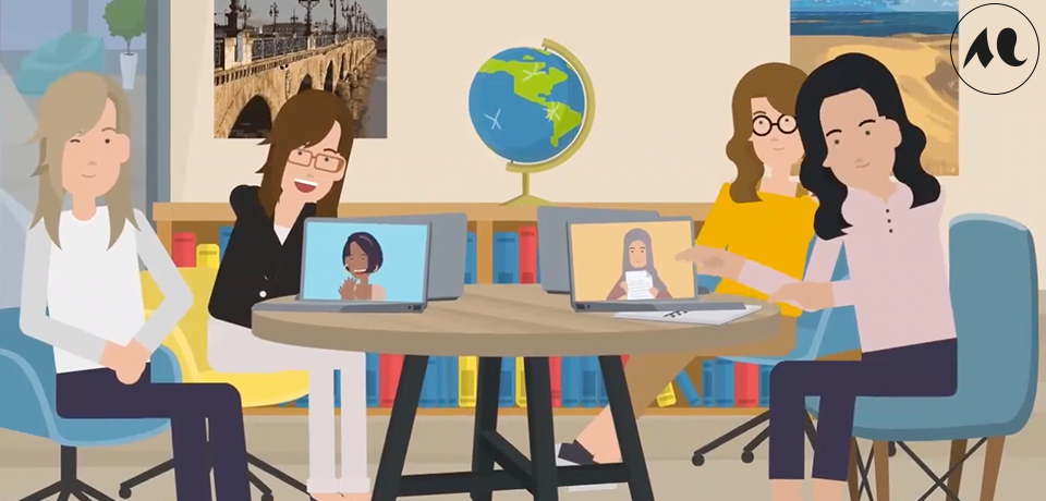 Un dessin montre 4 formatrices autour d'une table ronde et deux ordinateurs ouverts